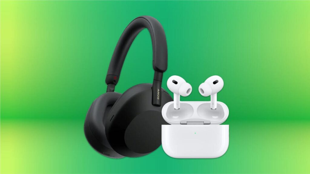 Sony Wh-1000XM5 headphones and Apple AirPods Pro 2 on a green background