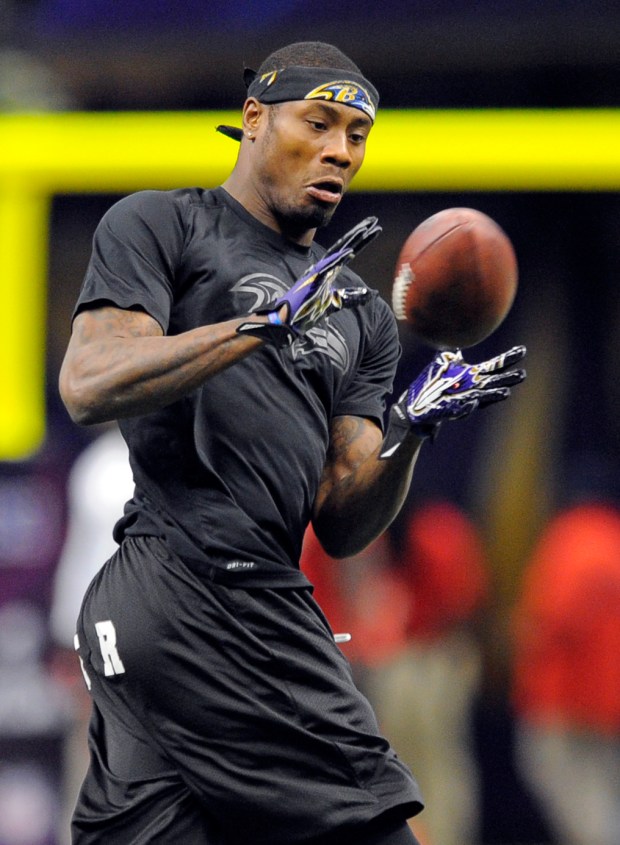 New Orleans, LA-- 2/3/13--sp-4313-super-bowl-fox, --Ravens' Jacoby Jones during pregame warmups...