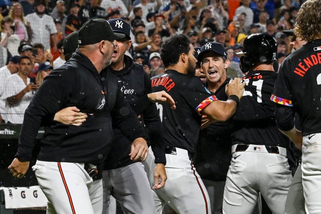 The Yankees and Orioles squared off in the ninth inning Friday night.